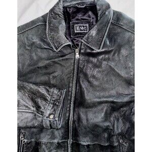EMC Men's 100% Black Leather Moto Bomber Jacket Large Soft